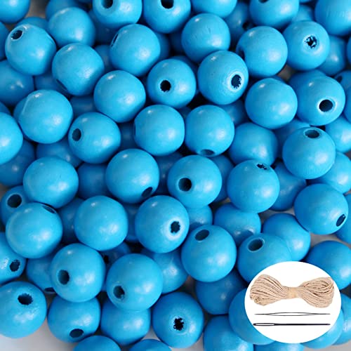 Blaue Holzperlen mit Loch, 14 mm, rund, lose Naturholz-Abstandshalter mit 10 m Hanfseil und 2 Nadeln, für Halsketten, Armbänder, Bastelbedarf, 300 Stück von mkslksbhnxl