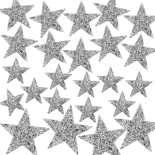 XQ-EU 24 Stück Silberweiß Fünfzackiger Stern Aufnäher Bügelbilder Glitzer Applikation Sterne Zum Aufbügeln für Jeans Kleidung Jacken Rucksäcke Hüte —4 cm 6 cm und 8 cm von mnb