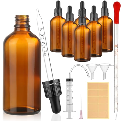 modacraft 6Stk 100ml Pipettenflasche mit Hilfszubehör, Flasche mit Pipette Braunglasflasche Apothekerflasche Tropfflasche für Flüssigkeit, Ätherische Öl, Parfümöle, Aromatherapie, Flüssigfarbstoffen von modacraft