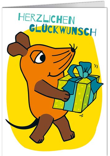 modern times Grußkarte mit Umschlag/Klappkarte SENDUNG MIT DER MAUS - Motiv: HERZLICHEN GLÜCKWUNSCH MAUS TRÄGT GESCHENK, Anlass: Kindermotive, Künstler/Verlag, Größe: 11,5x16 cm von modern times