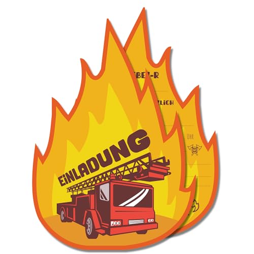 møij 10x EINLADUNGSKARTEN für Jungen & Mädchen Kindergeburtstag - Karten mit Feuerwehr Motiv in Feuerform von møij
