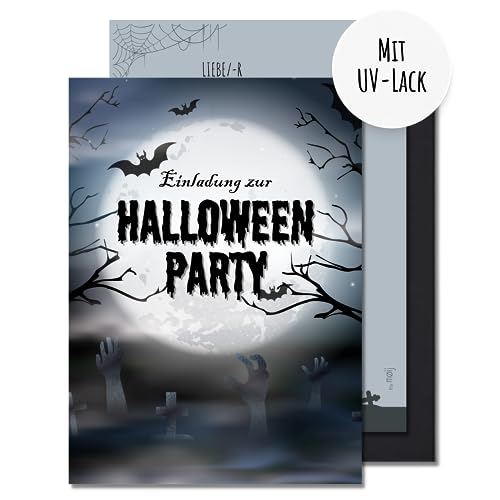 møij 12x EINLADUNGSKARTEN + Umschläge für Halloween Party - gruselige Karten mit Friedhof Motiv - Die perfekte Einladung zur Halloweenfeier - für echte Horror Fans von møij