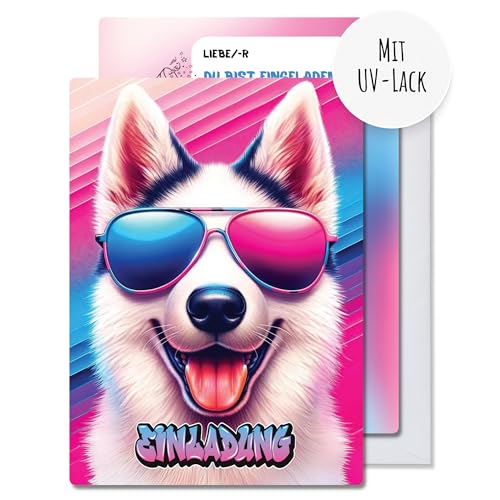 møij 12x EINLADUNGSKARTEN + passende Umschläge für Jungen & Mädchen Kindergeburtstag - coole Karten mit Hund und UV-Lack von møij