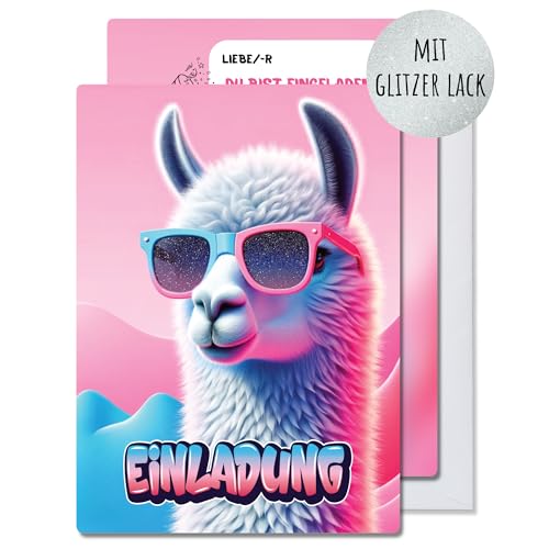 møij 12x EINLADUNGSKARTEN + passende Umschläge für Jungen & Mädchen Kindergeburtstag - coole Karten mit Lama & Glitzer von møij