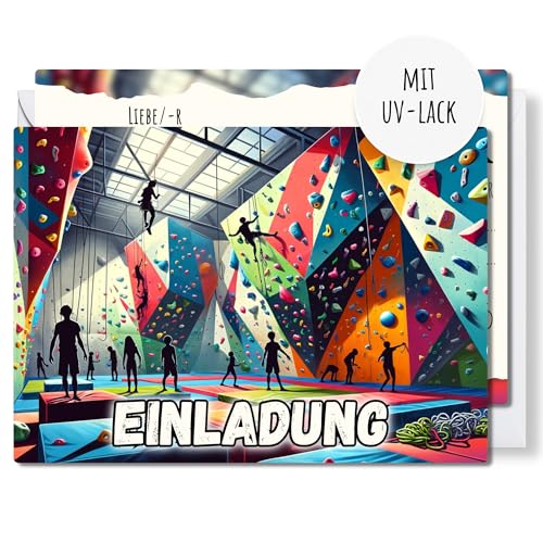 møij 12x EINLADUNGSKARTEN + passende Umschläge für Jungen & Mädchen Kindergeburtstag - coole Karten zum Bouldern und Klettern & UV-Lack von møij