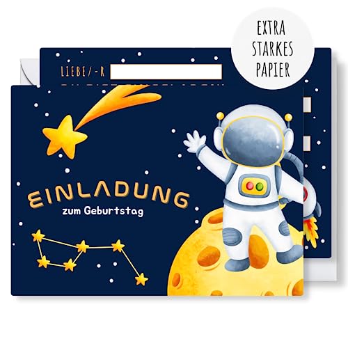 møij 12x EINLADUNGSKARTEN + passende Umschläge für Jungen & Mädchen Kindergeburtstag - galaktische Karten mit Astronaut Motiv von møij