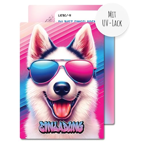 møij 12x EINLADUNGSKARTEN für Jungen & Mädchen Kindergeburtstag - coole Karten mit Hund und UV-Lack von møij