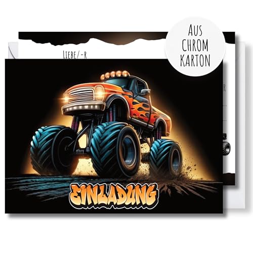 møij 12x EINLADUNGSKARTEN + passende Umschläge für Jungen & Mädchen Kindergeburtstag - coole Karten mit Monster Truck Motiv aus Chromkarton von møij