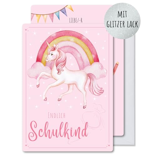 møij 12x EINLADUNGSKARTEN zur Einschulung + passende Umschläge süße rosa Karten mit Einhorn und Regenbogen & partiellem Glitzer von møij