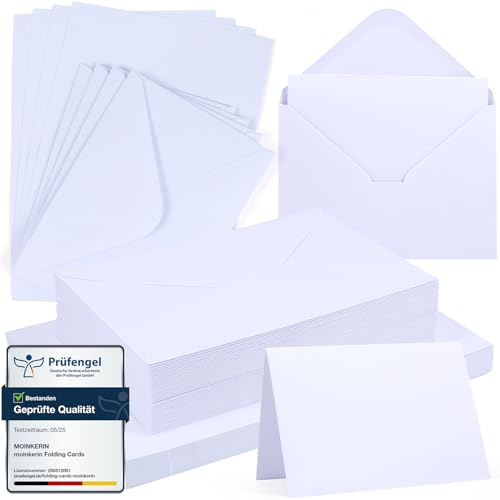 moinkerin 50x Klappkarten blanko mit Umschlägen (250g/m² A6) + 50x C6-Briefumschläge | Kraftpapier Umschlag Set für Hochzeitskarten, DIY Einladungen, Geburtstag & Weihnachtsgrüß （ Weiß） von moinkerin