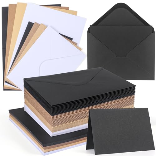 moinkerin 56x Klappkarten blanko mit Umschlägen (250g/m² A6) + 56x C6-Umschläge | Kraftpapier Set in 4 Farben (Weiß/Schwarz/Braun/Hellbraun) für Hochzeit, Business & DIY von moinkerin