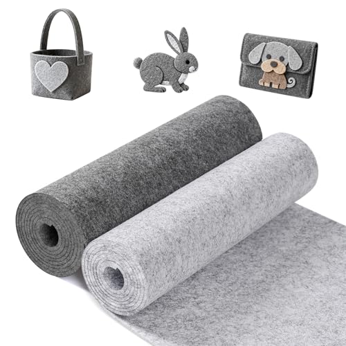 moinkerin Filzstoff 2 Rollen 150cm x 30cm x 3mm Filz Meterware zum Zuschneiden Filzrolle für Patchwork Näharbeiten Dekofilz Filzmatte für Aufbewahrungstaschen Heimdekoration (Aschfarben + Dunkelgrau) von moinkerin