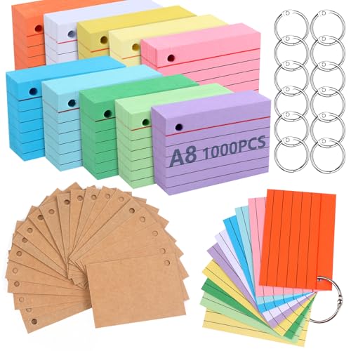 moinkerin Karteikarten 1000 Stücke 2.91 * 2.05 Inch Mehrfarben Lernkarten Flashcards mit 12 Binderingen 20 Kraftpapier Karteikarten für Büro Haus Schule Lernen Linierte Karteikarte von moinkerin