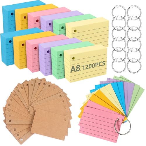 moinkerin Karteikarten 1200 Stücke 2.91 * 1.97 Inch Mehrfarben Lernkarten Flashcards mit 14 Binderingen 24 Kraftpapier Karteikarten für Büro Haus Schule Lernen Linierte Karteikarte von moinkerin