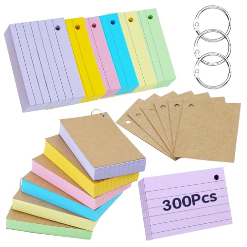 moinkerin Karteikarten 300 Stücke 4.1 * 3 Inch Mehrfarben Lernkarten Flashcards mit 3 Binderingen 6 Kraftpapier Karteikarten für Büro Haus Schule Lernen Linierte von moinkerin