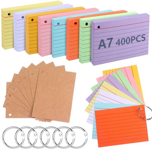 moinkerin Karteikarten 400 Stücke 4.13 * 2.91 Inch Mehrfarben Lernkarten Flashcards mit 6 Binderingen 8 Kraftpapier Karteikarten für Büro Haus Schule Lernen Linierte Karteikarte von moinkerin