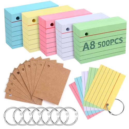 moinkerin Karteikarten 500 Stücke 2.91 * 2.05 Inch Mehrfarben Lernkarten Flashcards mit 7 Binderingen 10 Kraftpapier Karteikarten für Büro Haus Schule Lernen Linierte Karteikarte von moinkerin