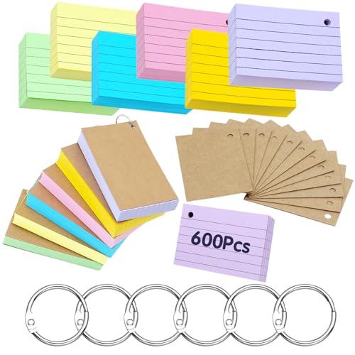 moinkerin Karteikarten A8 600 Stücke 3 * 2 Inch Mehrfarben Lernkarten Flashcards mit 6 Binderingen 12 Kraftpapier Karteikarten für Büro Haus Schule Lernen Linierte von moinkerin