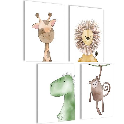 mojoliving Bilder Kinderzimmer jungen Baby Zimmer Poster Set Wandbilder Kinderzimmer mädchen Babyzimmer Deko Bilder für Baby Zimmer Dekoration (Set Giraffe, Löwe, Dino, Affe) von mojoliving