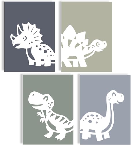 mojoliving Bilder Kinderzimmer jungen Baby Zimmer Poster Set Wandbilder Kinderzimmer mädchen Babyzimmer Deko Bilder für Baby Zimmer Dekoration (Happy Dinos) von mojoliving