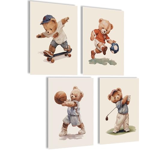 mojoliving Bilder Kinderzimmer jungen Baby Zimmer Poster Set Wandbilder Kinderzimmer mädchen Babyzimmer Deko Bilder für Baby Zimmer Dekoration (Teddy Sport) von mojoliving