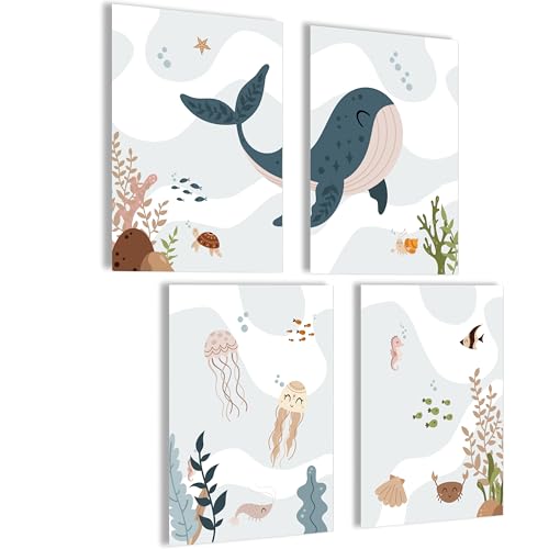 mojoliving Bilder Kinderzimmer jungen Baby Zimmer Poster Set Wandbilder Kinderzimmer mädchen Babyzimmer Deko Bilder für Baby Zimmer Dekoration (Set Meerestiere) von mojoliving