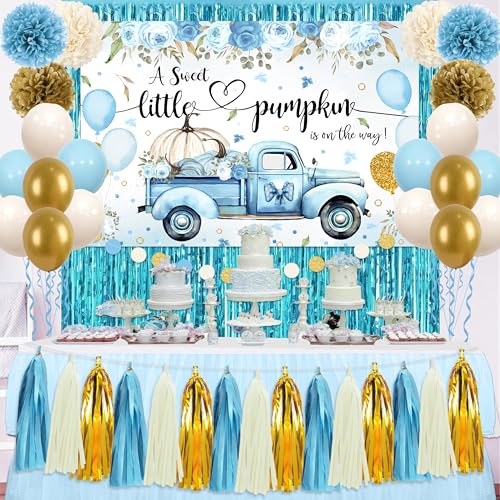 Little Pumpkin Babyparty-Dekorationen – Ein süßer Kürbis ist unterwegs Hintergrund, Herbstdekorationen, blauer LKW-Jungen-Partyzubehör von mokeja party