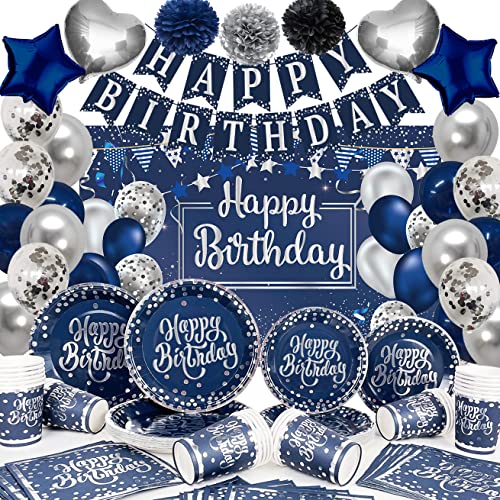 Marineblaue und silberne Geburtstagsparty-Zubehör für 25 Gäste, inklusive Teller, Tassen und Servietten, marineblaue und silberne Luftballons, Banner, Pompons und Fotografie-Hintergrund für Geburtstagsdekorationen von mokeja party