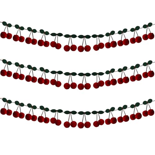 3 Stück Kirschgirlande Dekoration Filz Kirschen Geburtstag Girlanden Banner DIY Obst hängende Dekorationen Home Decor Girlande Dekorationen für Weihnachten Geburtstag Hochzeit Kamin Dekor von mollensiuer