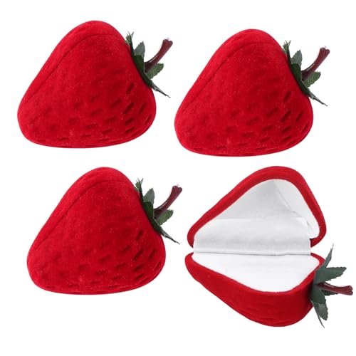 mollensiuer Samtring-Aufbewahrungsbox in Erdbeerform, Schmuck-Geschenkbox, Hochzeitsringetui, Ohrring-Geschenk-Box, einzelne Ringe, Schmuckschatulle für Antrag, Verlobung, Hochzeit, Zeremonie, Rot, 4 mollensiuer Samtring-Aufbewahrungsbox in Erdbeerform, Schmuck-Geschenkbox, Hochzeitsringetui, Ohrring-Geschenk-Box, einzelne Ringe, Schmuckschatulle für Antrag, Verlobung, Hochzeit, Zeremonie, Rot, 4 von mollensiuer