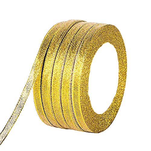 Molshine 125 Yard (5 Rollen) Organza-Bänder Silber glitzernd feines Glitzerband für DIY Handwerk Geschenkverpackung Dekoratives Festival (Gold, 6 mm (1/4 Zoll)) von molshine