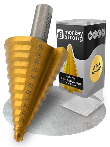 Stufenbohrer [Ø 5-35 mm] aus HSS Stahl mit TiN Beschichtung | Kegelbohrer mit 13 Stufen | Schälbohrer für Baustahl, Eisen, NE Metall, Holz und Kunststoff von monkeystrong von monkeystrong