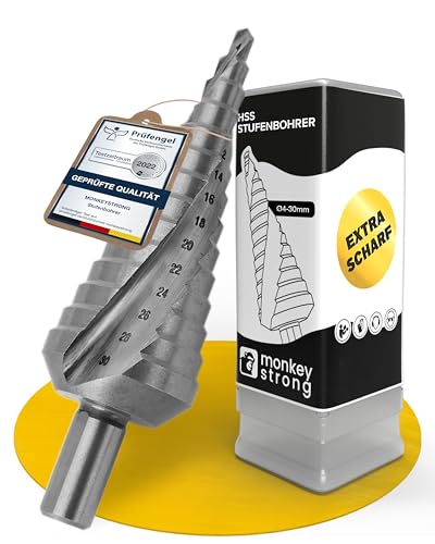 Stufenbohrer [Ø 4-30 mm | extra scharf] aus HSS Stahl | Kegelbohrer mit 14 Stufen | Schälbohrer für Baustahl, NE Metall, Holz und Kunststoff | Metallbohrer - von monkeystrong von monkeystrong