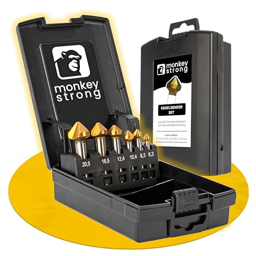 monkeystrong Kegelsenker Set 90° Ø 6,3-20,5 mm aus HSS Stahl - richtig scharf - Senker und Entgrater für Holz, Metall und Kunststoff in praktischer Aufbewahrungsbox von monkeystrong