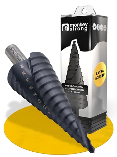 monkeystrong Stufenbohrer [Industrie Qualität | extra scharf] Ø 4-32 mm aus HSS E Co5 Stahl mit AlTiN Beschichtung | Kegelbohrer mit 15 Stufen für Edelstahl, Baustahl, NE Metall & Kunststoff von monkeystrong