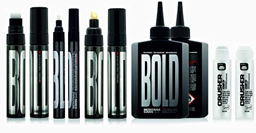 Montana Bold Marker Set - 3 Pump Action Marker Tiefschwarz + 200ml Nachfülltinte + 50ml Empty Squeezer von Montana