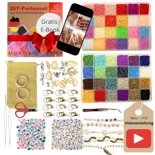 montivio Perlen für Armbänder, Perlenset mit gratis E-Book inkl. DIY-Hacks, Tipps und Tricks, so wirst du schnell zum Profi, 48 Farben, 16.000 3mm Perlen und Zubehör von montivio
