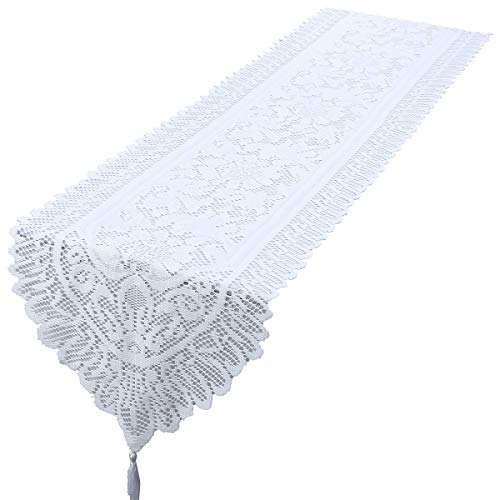 mookaitedecor Weiß Spitze Tischläufer Modern Spitzenstoff Deko Waschbar Tischwäsche für Wohnzimmertisch Hochzeit Party Weihnachten, 33 x 180 cm von mookaitedecor