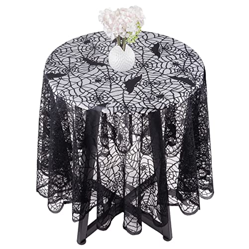 mookaitedeocr 69 Inches Polyester Spitze Tischdecke Runde Schwar Spinnennetz Tischwäsche Fledermaus Tischtuch für Dinner Halloween Parteien Gothic Tisch deko von mookaitedecor