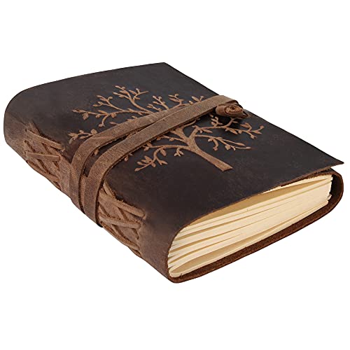 Leder Notizbuch Tree of Life, MOONSTER® Liniertes Notizbuch Leder - Damen Tagebuch, Mittelbreit Liniertes Herren Notizbuch 18x13cm - Kraftpapier - 400 Seiten - Inspirierendes Damengeschenk von moonster