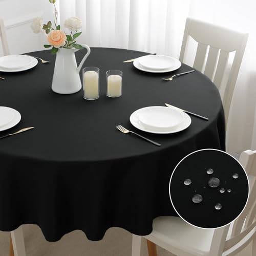 mosayt Schwarze Tischdecke Abwaschbar Rund 160 cm Leinenoptik Tischtuch Lotuseffekt Leinendecke Fleckschutz Tischwäsche für Outdoor Esszimmer, Garten, Hochzeiten von mosayt