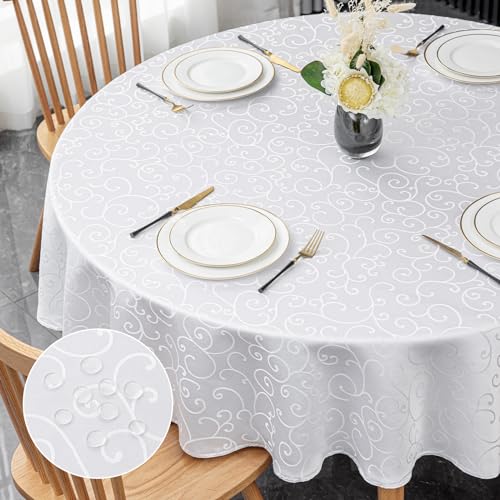 mosayt Tischdecke Damast Rund 160 cm Tischdecken Wasserdicht Tischtuch Weiss Tablecloth Jacquard Lotuseffekt Tafeldecke Fleckschutz Tischwäsche Abwaschbar von mosayt