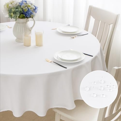 mosayt Tischdecke Rund Abwaschbar 150 cm Tischdecken Weiß Tischtuch Lotuseffekt Leinendecke Fleckschutz Tischwäsche für Outdoor Esszimmer, Garten, Hochzeiten von mosayt