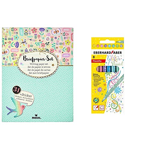 Moses Flowers & Friends Briefpapier-Set | Briefbögen & Eberhard Faber 551009 - Glitzer Filzstifte in 8 intensiven Pastell-Farben, Minenstärke 3 mm, auswaschbar im Kartonetui von moses