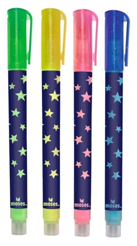 moses 16753 Neon-Filzstifte 4er Set, 4 Filzmarker in Leuchtfarben zum Malen, Basteln und Markieren, Geschenk zu Weihnachten und für den Adventskalender, Grün, Gelb, Pink, Blau von moses