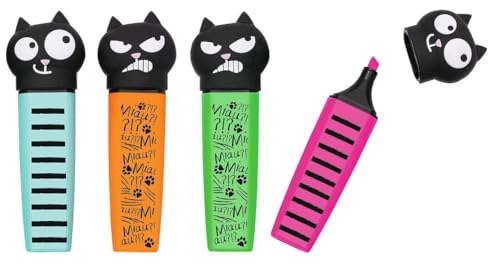 moses. Ed, the Cat Marker, 4 Highlighter im Set mit Katzenmotiv, 10 cm lang, 4 leuchtende Farben (Pink, Grün, Türkis & Orange) in Geschenkverpackung, lustige Marker für Schule, Büro & Alltag von moses