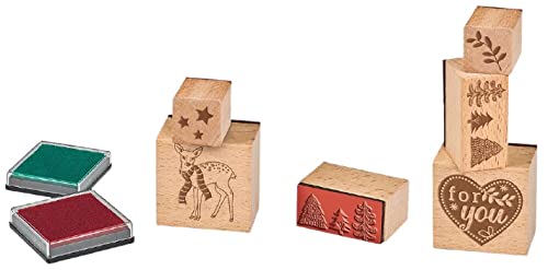 moses. Holzstempel-Set Winterwunder, 5 Holzstempel mit weihnachtlichen Motiven und 2 Stempelkissen in Grün und Rot, 16869 von moses