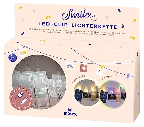 moses. LED-Clip-Lichterkette, Leuchtkette mit zwei Farbmodi warmweißes oder buntes Licht, 10 Clips zum Aufhängen von Fotos, Karten und Erinnerungen, Betrieb per Micro-USB-Kabel oder Batterien moses. LED-Clip-Lichterkette, Leuchtkette mit zwei Farbmodi warmweißes oder buntes Licht, 10 Clips zum Aufhängen von Fotos, Karten und Erinnerungen, Betrieb per Micro-USB-Kabel oder Batterien von moses