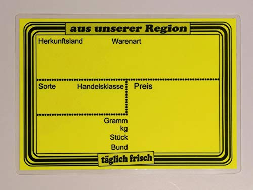 10 laminierte Preisschilder 154 x 216 mm leuchtgelb für Obst und Gemüse mit Aufdruck"Aus unserer Region" Werbesymbole von most-wanted-shop