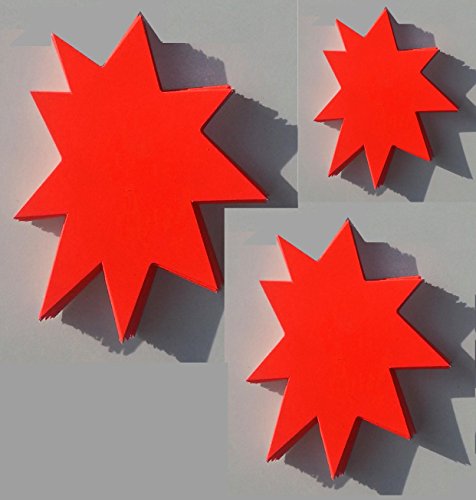 Preisschilder 60 Sterne - Sortiment aus Neon Plakatkarton leuchtrot 3 Größen 270g/qm und 380g/qm Werbesymbole für Räumungsverkauf von most-wanted-shop